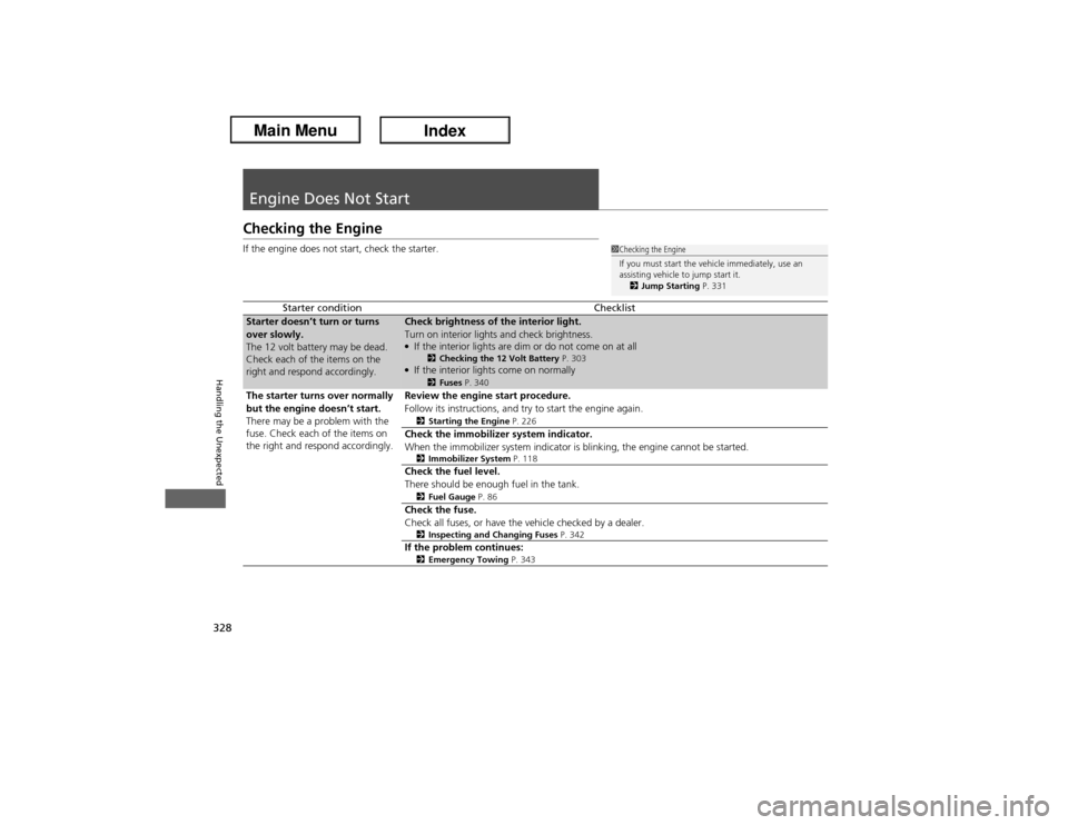 Acura ILX Hybrid 2013  Owners Manual 328Handling the Unexpected
Engine Does Not StartChecking the EngineIf the engine does not start, check the starter.
Starter condition
Checklist
Starter doesn’t turn or turns 
over slowly.
The 12 vol