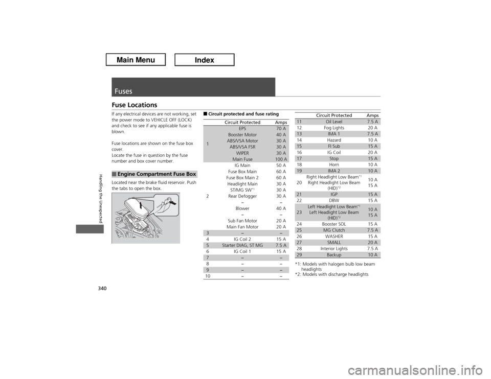 Acura ILX Hybrid 2013  Owners Manual 340Handling the Unexpected
FusesFuse LocationsIf any electrical devices are not working, set 
the power mode to VEHICLE OFF (LOCK) 
and check to see if any applicable fuse is 
blown.
Fuse locations ar