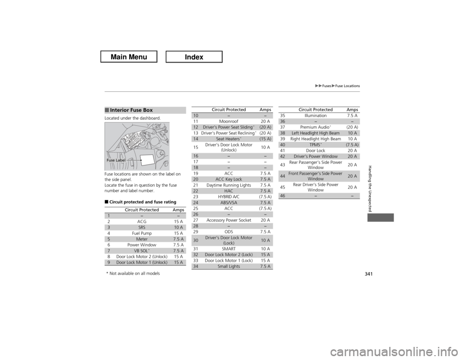 Acura ILX Hybrid 2013  Owners Manual 341
uuFusesuFuse Locations
Handling the Unexpected
Located under the dashboard.
Fuse locations are shown on the label on 
the side panel.
Locate the fuse in question by the fuse 
number and label numb