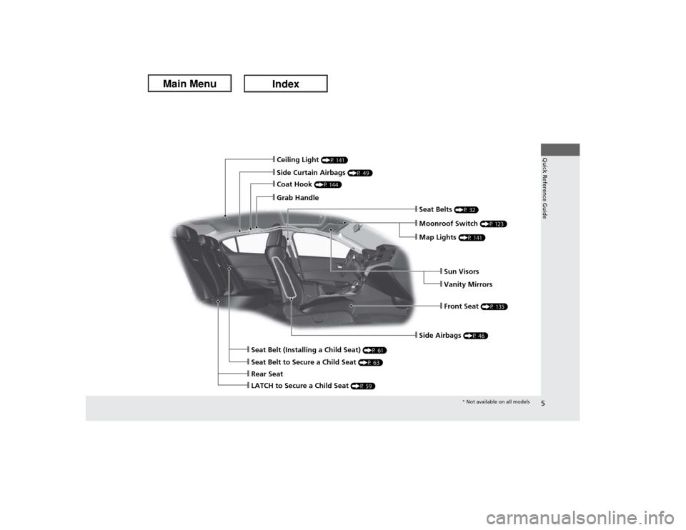 Acura ILX Hybrid 2013  Owners Manual 5Quick Reference Guide
❙Side Airbags 
(P 46)
❙Ceiling Light 
(P 141)
❙Side Curtain Airbags 
(P 49)
❙Coat Hook 
(P 144)
❙Grab Handle
❙Moonroof Switch 
(P 123)
❙Seat Belts 
(P 32)
❙Seat 