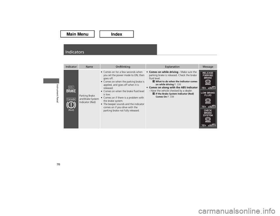 Acura ILX Hybrid 2013  Owners Manual 70Instrument Panel
IndicatorsIndicator
Name
On/Blinking
Explanation
Message
Parking Brake 
and Brake System 
Indicator (Red)
●Comes on for a few seconds when 
you set the power mode to ON, then 
goe