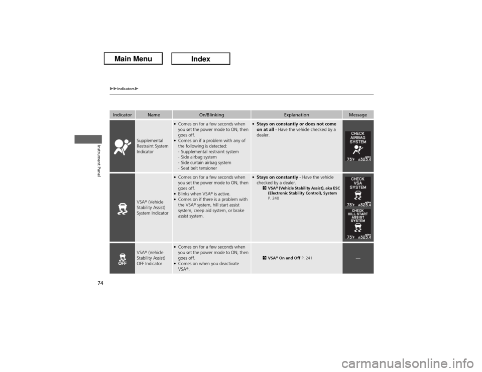 Acura ILX Hybrid 2013 Manual PDF 74
uuIndicatorsu
Instrument Panel
Indicator
Name
On/Blinking
Explanation
Message
Supplemental
Restraint System
Indicator
●Comes on for a few seconds when
you set the power mode to ON, then
goes Acura ILX Hybrid 2013 Manual PDF 74
uuIndicatorsu
Instrument Panel
Indicator
Name
On/Blinking
Explanation
Message
Supplemental
Restraint System
Indicator
●Comes on for a few seconds when
you set the power mode to ON, then
goes