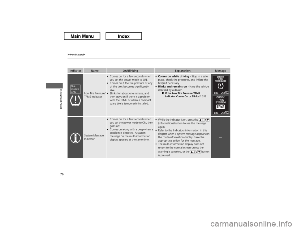 Acura ILX Hybrid 2013 Manual PDF 76
uuIndicatorsu
Instrument Panel
Indicator
Name
On/Blinking
Explanation
Message
Low Tire Pressure/
TPMS Indicator
●Comes on for a few seconds when
you set the power mode to ON.●Comes on if the t Acura ILX Hybrid 2013 Manual PDF 76
uuIndicatorsu
Instrument Panel
Indicator
Name
On/Blinking
Explanation
Message
Low Tire Pressure/
TPMS Indicator
●Comes on for a few seconds when
you set the power mode to ON.●Comes on if the t