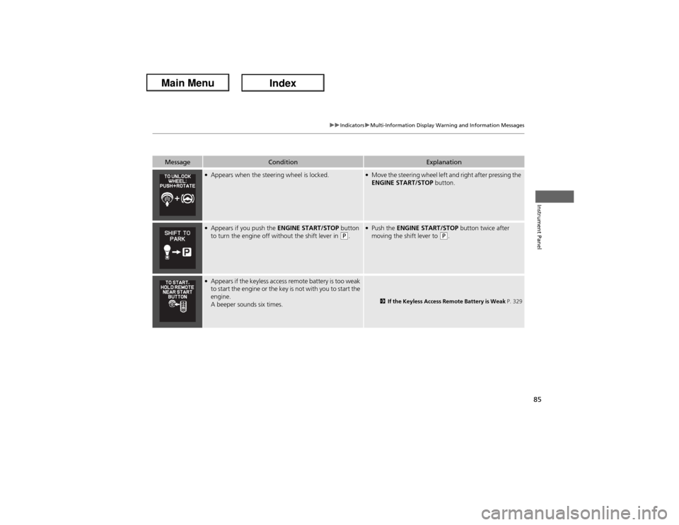 Acura ILX Hybrid 2013  Owners Manual 85
uuIndicatorsuMulti-Information Display Warning and Information Messages
Instrument Panel
Message
Condition
Explanation
●Appears when the steering wheel is locked.
●Move the steering wheel left 