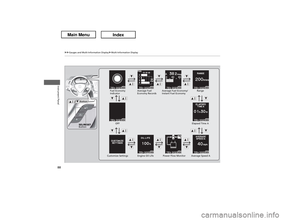 Acura ILX Hybrid 2013  Owners Manual 88
uuGauges and Multi-Information DisplayuMulti-Information Display
Instrument Panel
OFF
Customize SettingsAverage Fuel Economy/
Instant Fuel Economy
SEL/RESET 
Button
Engine Oil Life Average Speed AE