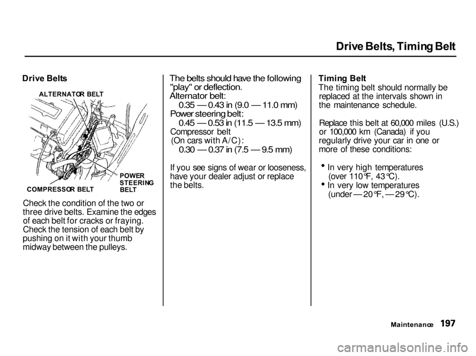Acura Integra 2001 Owners Manual
Driv
e Belts , Timin g Bel t
Driv e Belt s
Check the condition of the two or
three drive belts. Examine the edges of each belt for cracks or fraying.
Check the tension of each belt by
pushing on it Acura Integra 2001 Owners Manual
Driv
e Belts , Timin g Bel t
Driv e Belt s
Check the condition of the two or
three drive belts. Examine the edges of each belt for cracks or fraying.
Check the tension of each belt by
pushing on it
