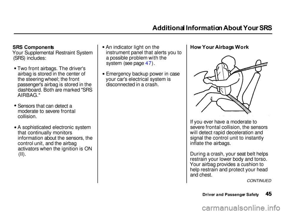 Acura Integra 2001  Owners Manual Additiona
l Informatio n Abou t You r SR S

SR S Component s
Your Supplemental Restraint System (SRS) includes: Two front airbags. The drivers
airbag is stored in the center of
the steering wheel; th