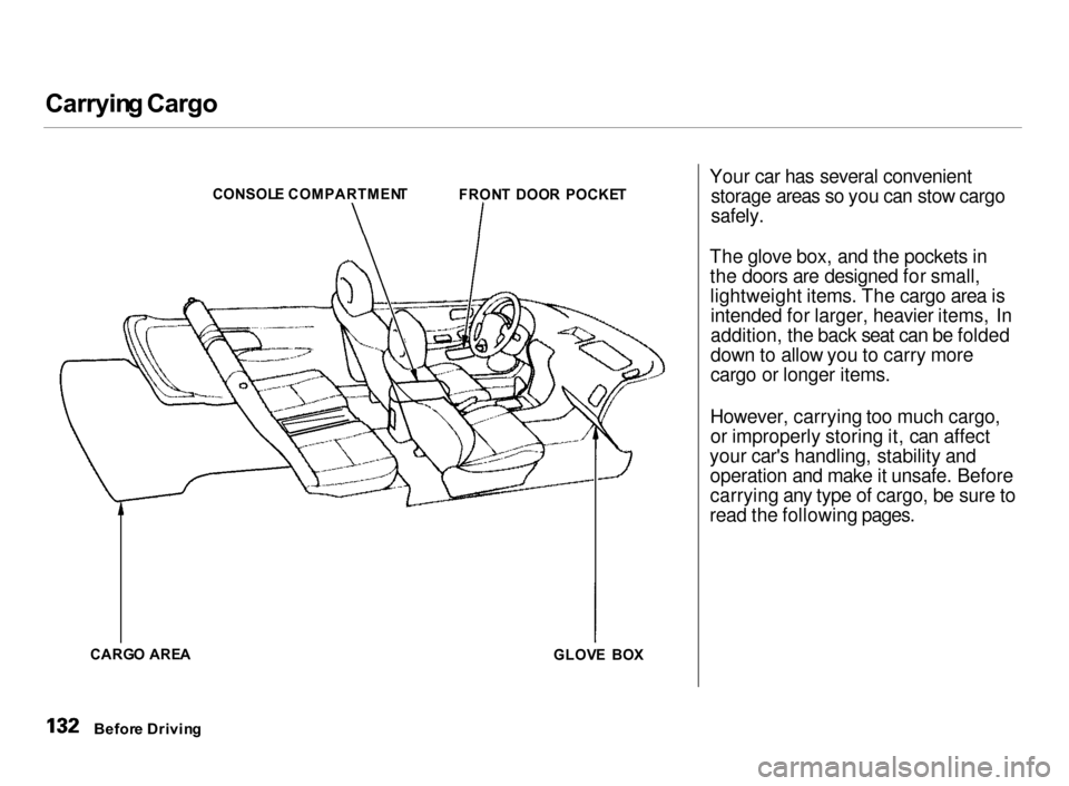 Acura Integra 2000  Hatchback Owners Manual Carryin
g Cargo

Your car has several convenientstorage areas so you can stow cargo

safely.

The glove box, and the pockets in the doors are designed for small,
lightweight items. The cargo area isin