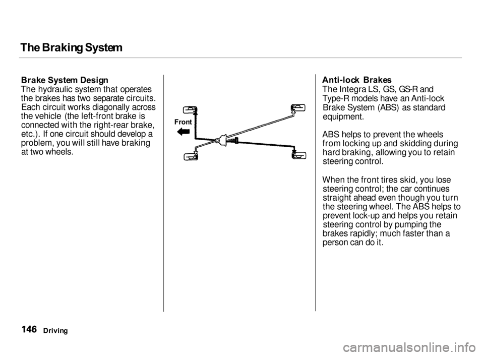 Acura Integra 2000  Hatchback Owners Manual Th
e Brakin g Syste m

Brak e Syste m Desig n
The hydraulic system that operates the brakes has two separate circuits.Each circuit works diagonally across
the vehicle (the left-front brake is connecte