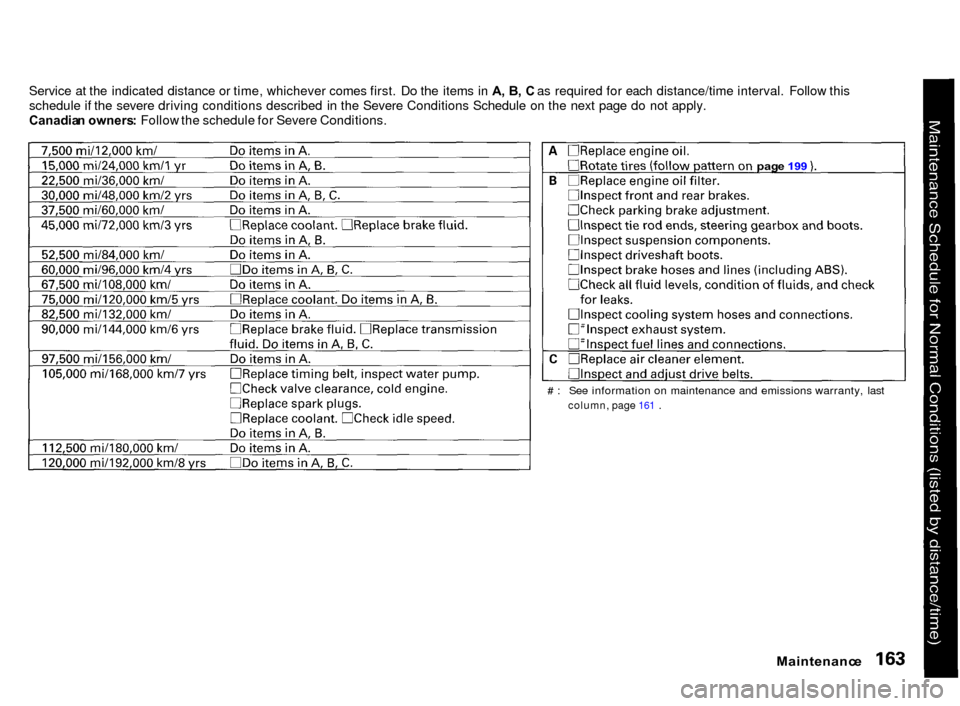 Acura Integra 2000  Hatchback Owners Manual Service at the indicated distance or time, whichever comes first. Do the items in A
, B , C  as required for each distance/time interval. Follow this
schedule if the severe driving conditions describe
