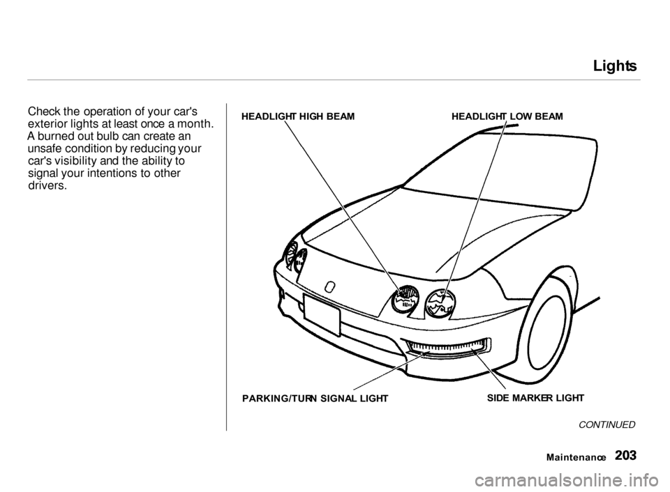 Acura Integra 2000  Hatchback Owners Manual Light
s

Check the operation of your cars
exterior lights at least once a month.
A burned out bulb can create an unsafe condition by reducing yourcars visibility and the ability to
signal your inten
