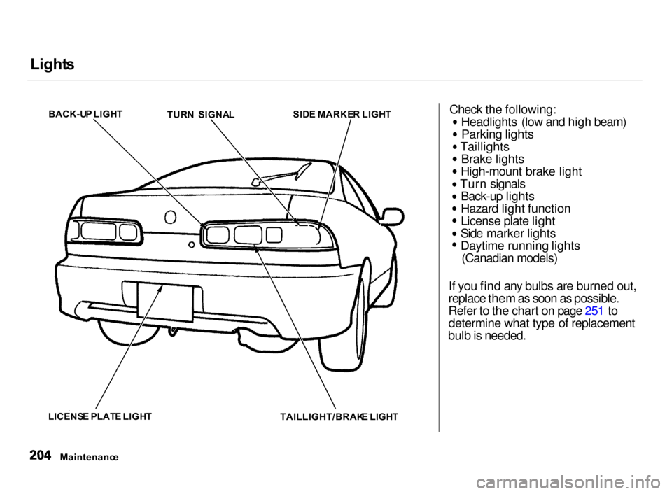 Acura Integra 2000  Hatchback Owners Manual Light
s

Check the following: Headlights (low and high beam)
Parking lights
Taillights
Brake lights
High-mount brake light
Turn signals Back-up lights
Hazard light function License plate light
Side ma