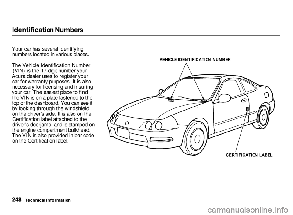 Acura Integra 2000  Hatchback Owners Manual Identificatio
n Number s

Your car has several identifying numbers located in various places.
The Vehicle Identification Number (VIN) is the 17-digit number your
Acura dealer uses to register your car