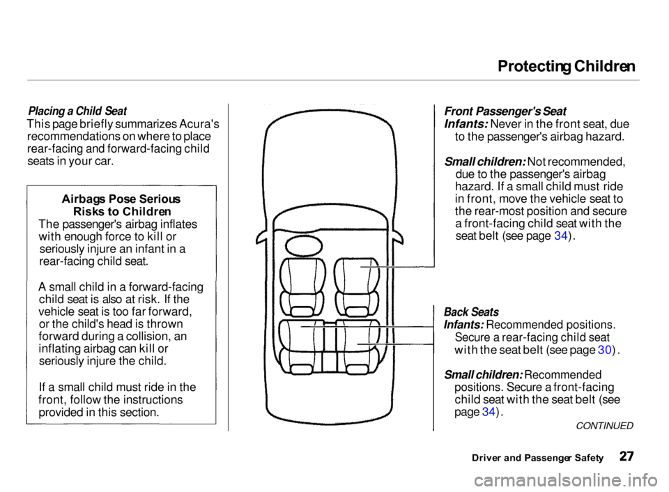 Acura Integra 2000  Hatchback Owners Guide Protectin
g Childre n

Placing a Child Seat

This page briefly summarizes Acuras recommendations on where to place

rear-facing and forward-facing child
seats in your car.
 Front Passengers Seat
Inf