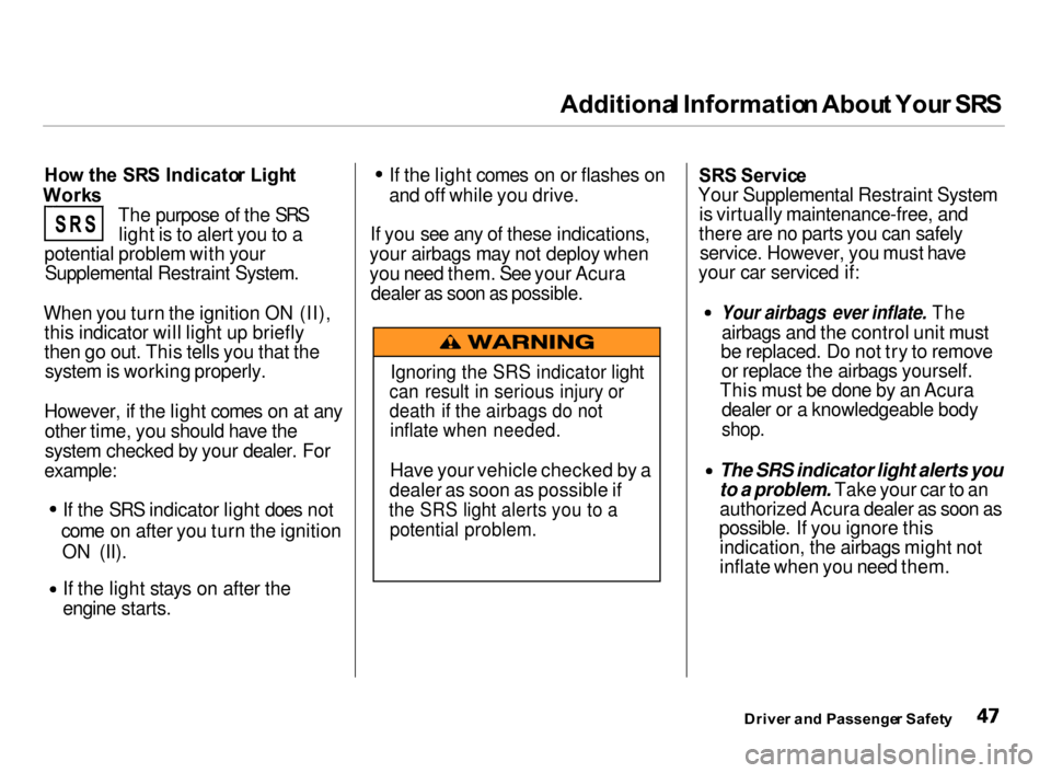 Acura Integra 2000  Hatchback Service Manual Additiona
l Informatio n Abou t You r SR S

Ho w th e  SR S Indicato r Ligh t
Work s
The purpose of the SRSlight is to alert you to a
potential problem with your Supplemental Restraint System.
When yo
