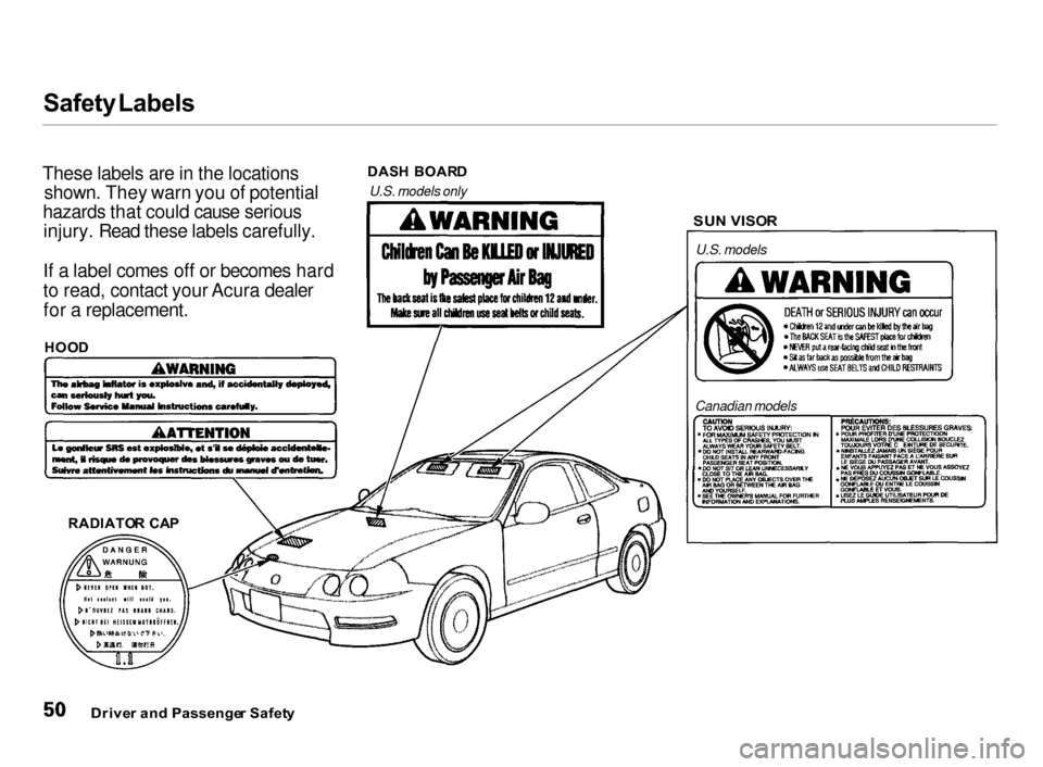 Acura Integra 2000  Hatchback Workshop Manual Safety
 Labels

Drive r an d Passenge r Safet y

These labels are in the locations
shown. They warn you of potential
hazards that could cause serious injury. Read these labels carefully.
If a label co