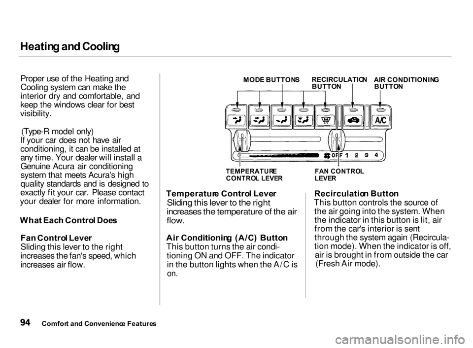Acura Integra 2000  Hatchback Owners Manual Heatin
g an d Coolin g

Proper use of the Heating and Cooling system can make the
interior dry and comfortable, and
keep the windows clear for best
visibility.
(Type-R model only)
If your car does not