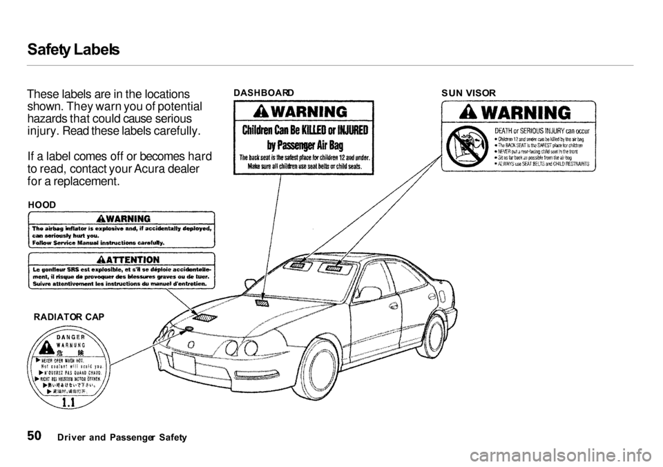 Acura Integra 2000  Sedan Workshop Manual Safet
y Label s
These labels are in the locations shown. They warn you of potential
hazards that could cause serious
injury. Read these labels carefully.
If a label comes off or becomes hard
to read, 