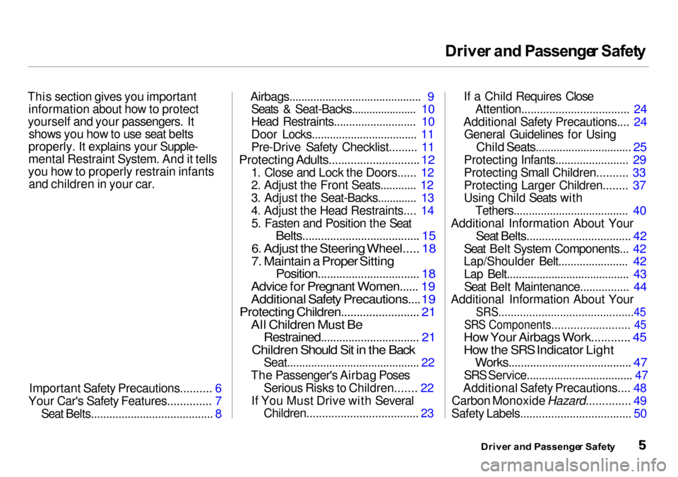 Acura Integra 2000  Sedan Owners Manual Drive
r an d Passenge r Safet y
This section gives you important information about how to protect
yourself and your passengers. It shows you how to use seat belts
properly. It explains your Supple-
me