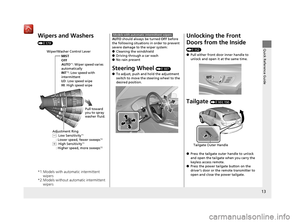 Acura MDX 2020 User Guide 13
Quick Reference Guide
Wipers and Washers 
(P179)
*1:Models with automatic intermittent wipers
*2:Models without automatic intermittent  wipers
Wiper/Washer Control Lever
MIST
OFF
AUTO
*1: Wiper spe