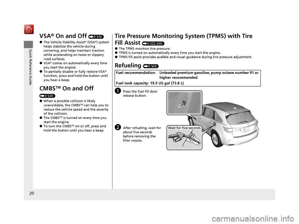 Acura MDX 2020  Owners Manual 20
Quick Reference Guide
VSA® On and Off (P519)
●The Vehicle Stability Assist ® (VSA ®) system 
helps stabilize the vehicle during 
cornering, and helps maintain traction 
while accelerating on l