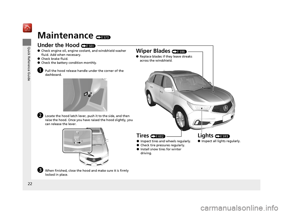 Acura MDX 2020  Owners Manual 22
Quick Reference Guide
Maintenance (P573)
Under the Hood (P581)
●Check engine oil, engine coolant, and windshield washer 
fluid. Add when necessary.
●Check brake fluid.●Check the battery condi