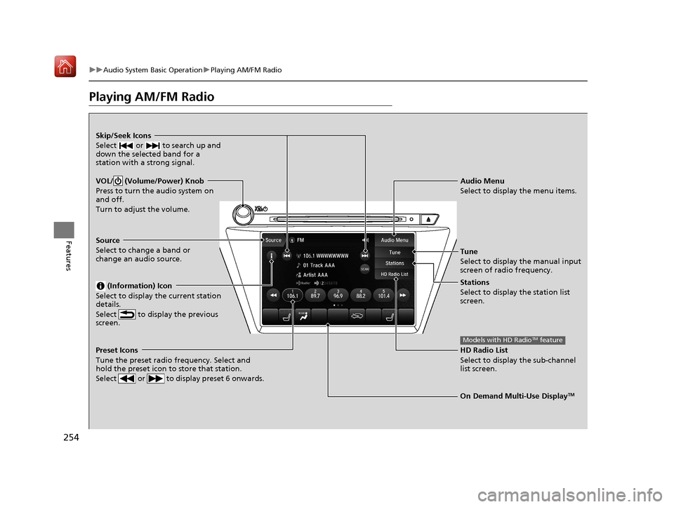 Acura MDX 2020  Owners Manual 254
uuAudio System Basic Operation uPlaying AM/FM Radio
Features
Playing AM/FM Radio
On Demand Multi-Use DisplayTM
VOL/  (Volume/Power) Knob
Press to turn the audio system on 
and off.
Turn to adjust 