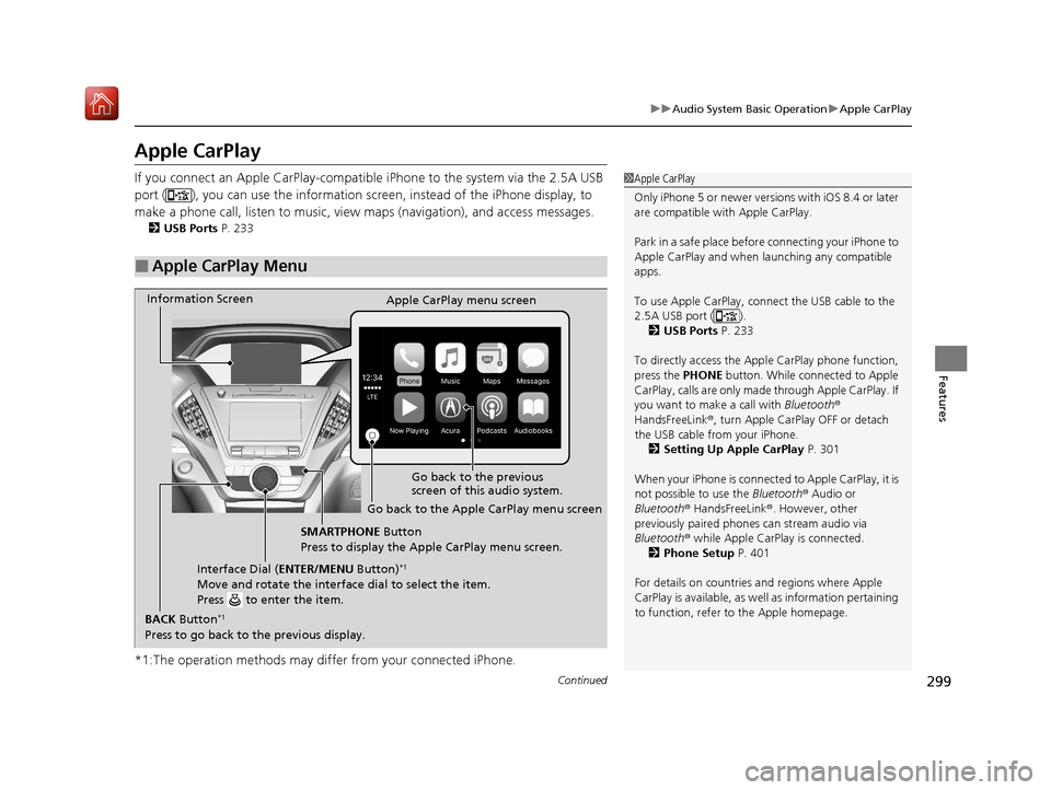 Acura MDX 2020  Owners Manual 299
uuAudio System Basic Operation uApple CarPlay
Continued
Features
Apple CarPlay
If you connect an Apple CarPlay-compatible iPhone to the system via the 2.5A USB 
port ( ), you can use the informati