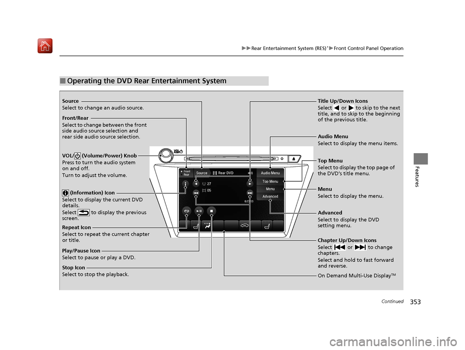 Acura MDX 2020 Owners Manual 353
uuRear Entertainment System (RES)*uFront Control Panel Operation
Continued
Features
■Operating the DVD Rear Entertainment System
Source
Select to change an audio source.
Front/Rear
Select to cha Acura MDX 2020 Owners Manual 353
uuRear Entertainment System (RES)*uFront Control Panel Operation
Continued
Features
■Operating the DVD Rear Entertainment System
Source
Select to change an audio source.
Front/Rear
Select to cha