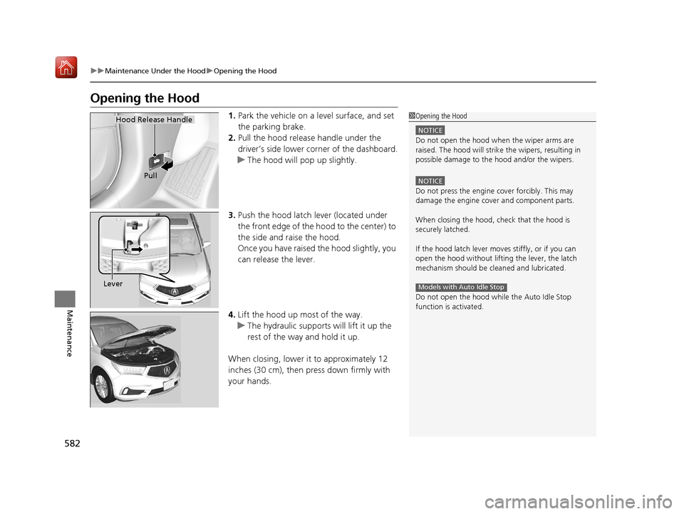 Acura MDX 2020 User Guide 582
uuMaintenance Under the Hood uOpening the Hood
Maintenance
Opening the Hood
1. Park the vehicle on a level surface, and set 
the parking brake.
2. Pull the hood release handle under the 
driver’