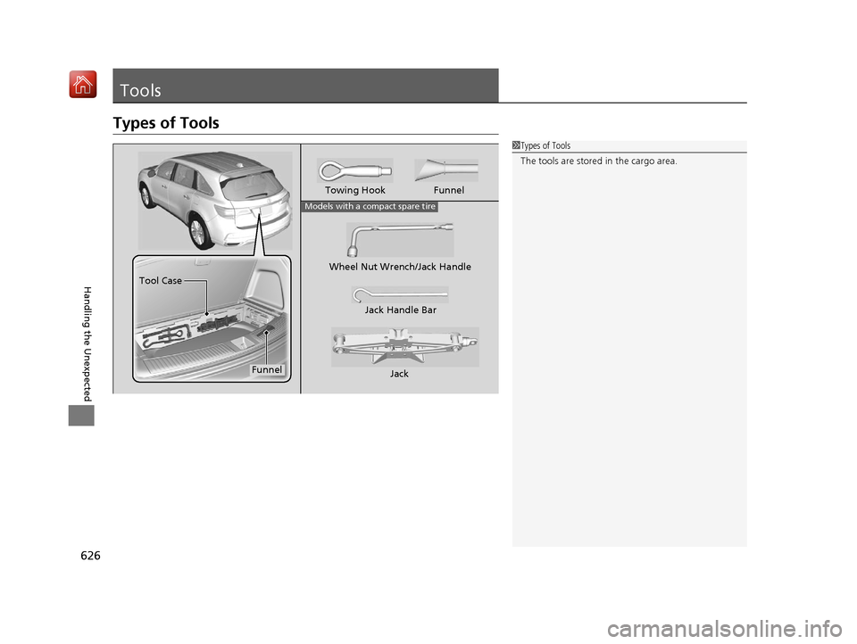Acura MDX 2020 Owners Manual 626
Handling the Unexpected
Tools
Types of Tools
1Types of Tools
The tools are stored in the cargo area.
Wheel Nut Wrench/Jack Handle
Jack
Jack Handle Bar
Models with a compact spare tire
Towing Hook Acura MDX 2020 Owners Manual 626
Handling the Unexpected
Tools
Types of Tools
1Types of Tools
The tools are stored in the cargo area.
Wheel Nut Wrench/Jack Handle
Jack
Jack Handle Bar
Models with a compact spare tire
Towing Hook