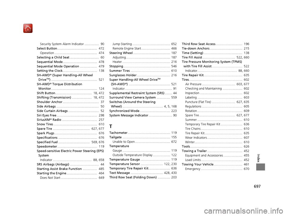 Acura MDX 2020  Owners Manual 697
Index
Security System Alarm Indicator ................  90
Select Button ............................................  472
Operation ...............................................  474
Selecting 