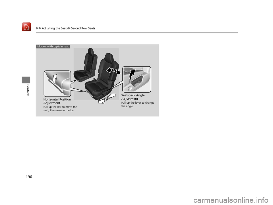 Acura MDX 2019 Owners Manual 196
uuAdjusting the Seats uSecond Row Seats
Controls
Models with captain seat
Seat-back Angle
Adjustment
Pull up the lever to change
the angle.Horizontal Position
Adjustment
Pull up the bar to move Acura MDX 2019 Owners Manual 196
uuAdjusting the Seats uSecond Row Seats
Controls
Models with captain seat
Seat-back Angle
Adjustment
Pull up the lever to change
the angle.Horizontal Position
Adjustment
Pull up the bar to move