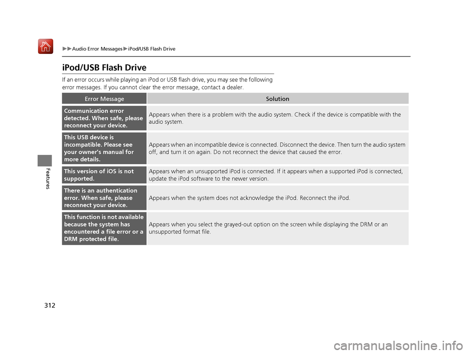 Acura MDX 2019  Owners Manual 312
uuAudio Error Messages uiPod/USB Flash Drive
Features
iPod/USB Flash Drive
If an error occurs while play ing an iPod or USB flash driv e, you may see the following 
error messages. If you cannot c