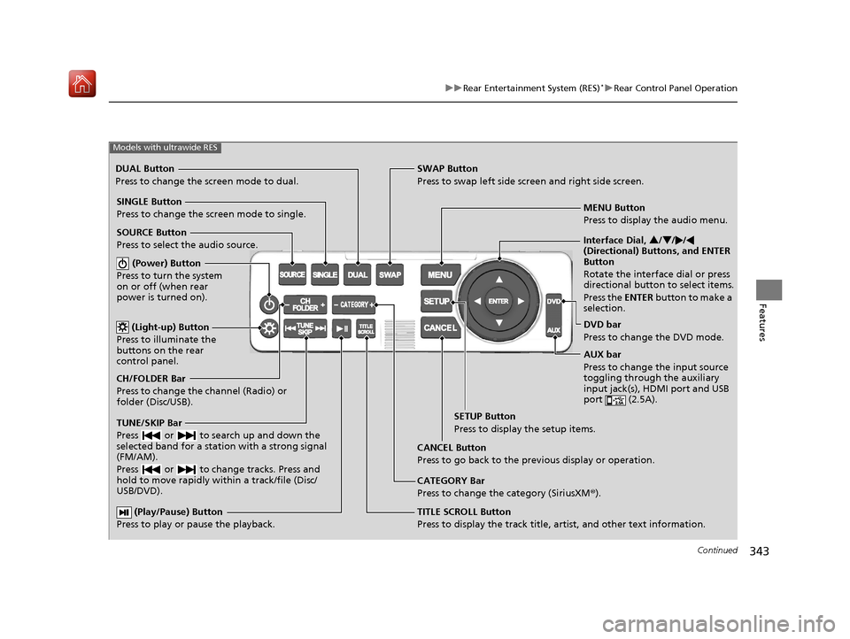 Acura MDX 2019 User Guide 343
uuRear Entertainment System (RES)*uRear Control Panel Operation
Continued
Features
 (Play/Pause) Button
Press to play or pause the playback.TITLE SCROLL Button
Press to display the track title,  a
