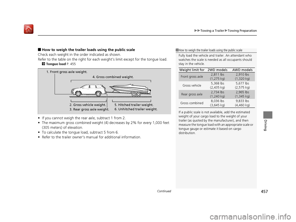 Acura MDX 2019 Owners Manual Continued457
uuTowing a Trailer uTowing Preparation
Driving
■How to weigh the trailer load s using the public scale
Check each weight in the order indicated as shown.
Refer to the table on the right Acura MDX 2019 Owners Manual Continued457
uuTowing a Trailer uTowing Preparation
Driving
■How to weigh the trailer load s using the public scale
Check each weight in the order indicated as shown.
Refer to the table on the right