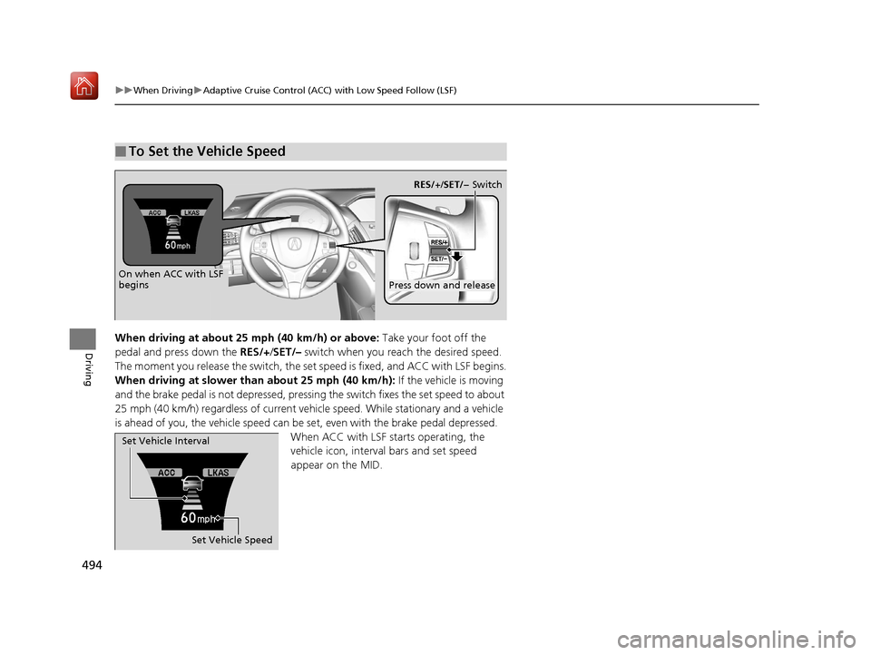 Acura MDX 2019 User Guide 494
uuWhen Driving uAdaptive Cruise Control (ACC) with Low Speed Follow (LSF)
DrivingWhen driving at about 25  mph (40 km/h) or above: Take your foot off the 
pedal and press down the RES/+/ SET/– s