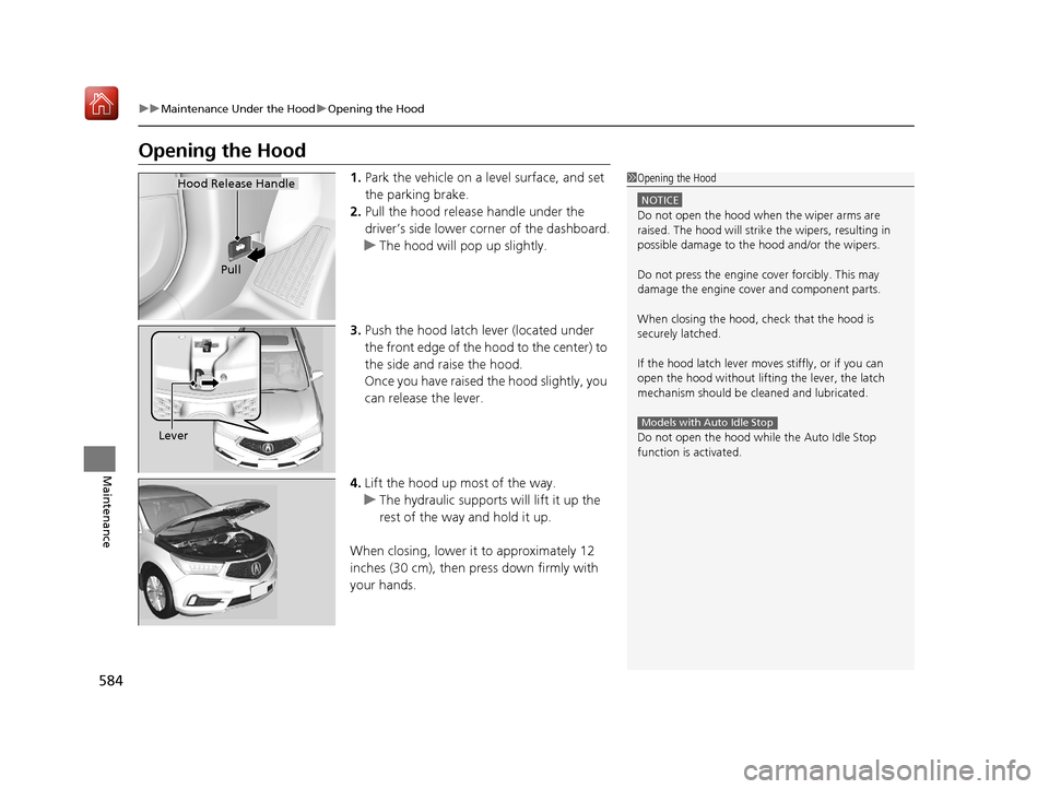Acura MDX 2019 Owners Guide 584
uuMaintenance Under the Hood uOpening the Hood
Maintenance
Opening the Hood
1. Park the vehicle on a level surface, and set 
the parking brake.
2. Pull the hood release handle under the 
driver’