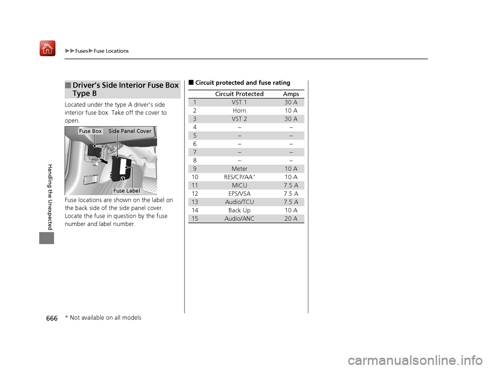 Acura MDX 2019  Owners Manual 666
uuFuses uFuse Locations
Handling the Unexpected
Located under the type A driver’s side 
interior fuse box. Take off the cover to 
open.
Fuse locations are shown on the label on 
the back side of