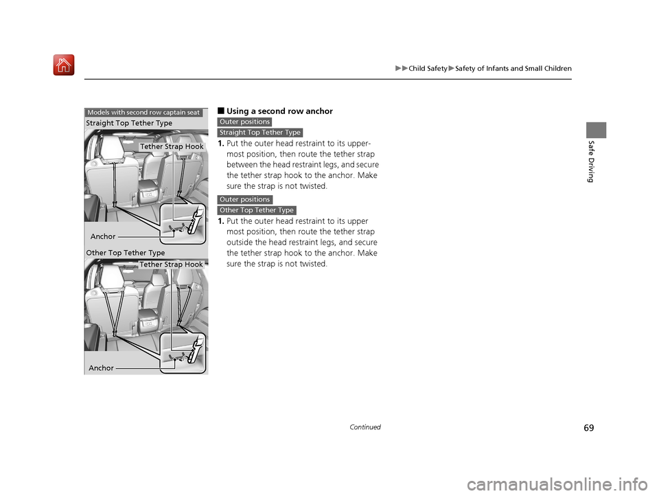 Acura MDX 2019 Repair Manual 69
uuChild Safety uSafety of Infants and Small Children
Continued
Safe Driving
■Using a second row anchor
1. Put the outer head restraint to its upper-
most position, then route the tether strap 
be