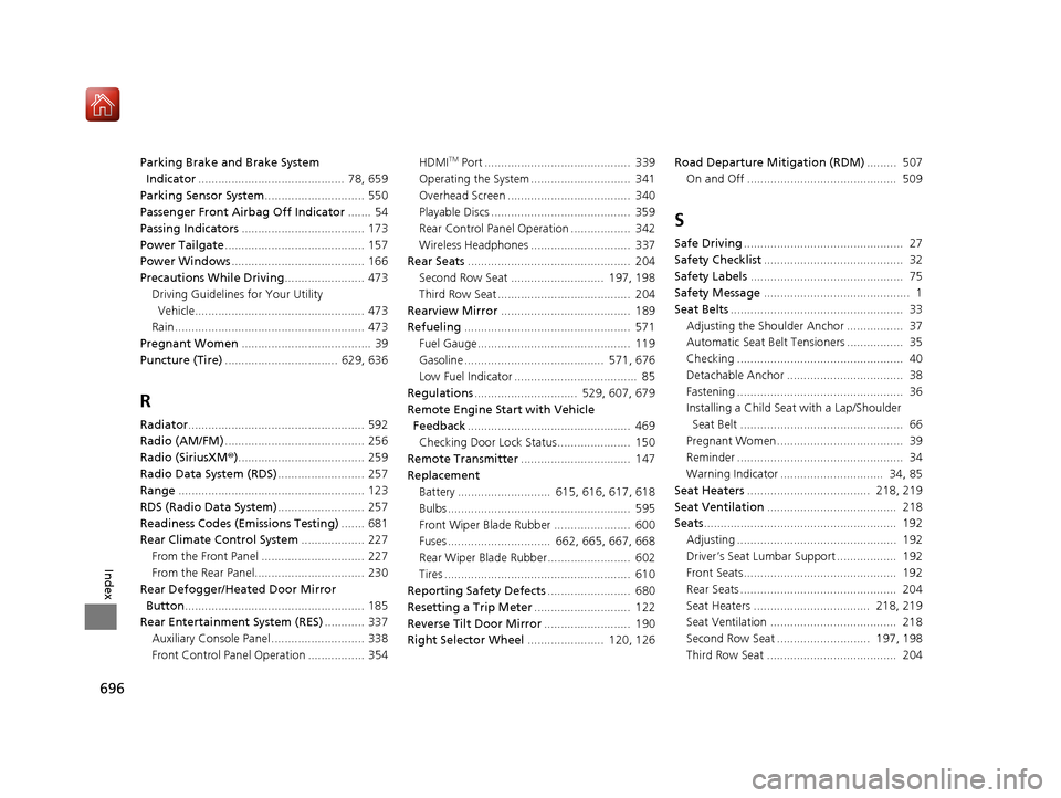 Acura MDX 2019 Repair Manual 696
Index
Parking Brake and Brake System Indicator ............................................  78, 659
Parking Sensor System .............................. 550
Passenger Front Airbag Off Indicator .