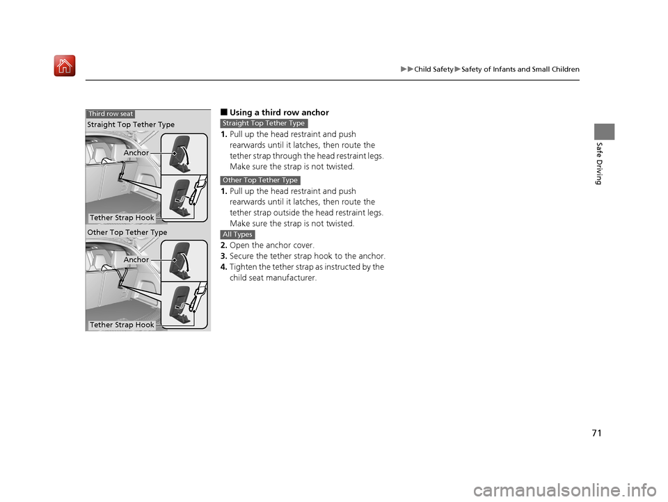 Acura MDX 2019 Manual PDF 71
uuChild Safety uSafety of Infants and Small Children
Safe Driving
■Using a third row anchor
1. Pull up the head restraint and push 
rearwards until it latches, then route the 
tether strap throug