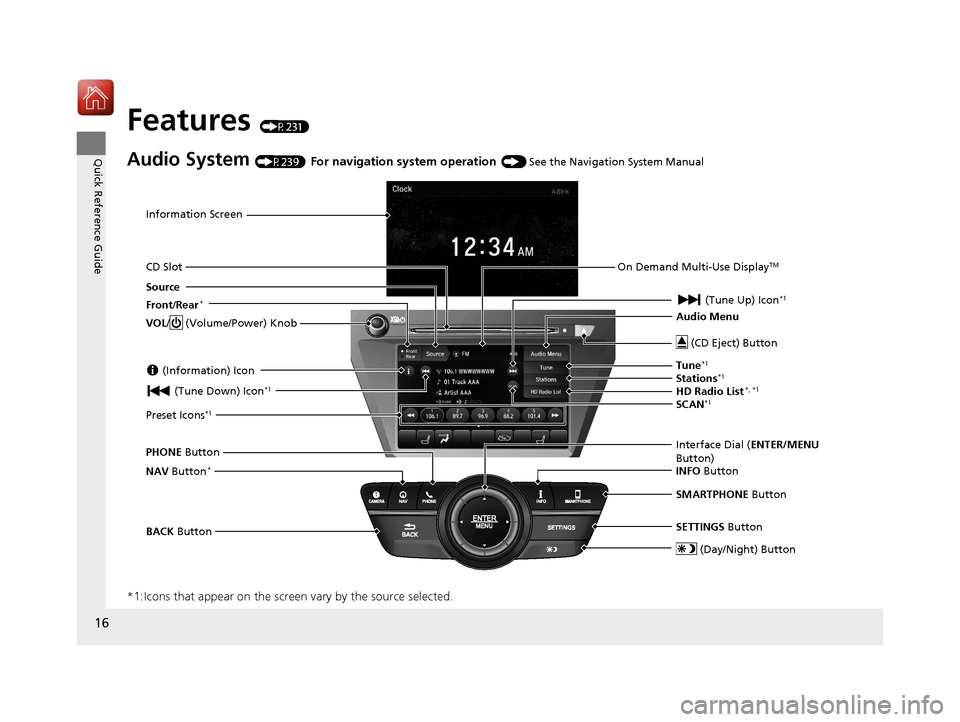 Acura MDX 2018  Owners Manual 16
Quick Reference Guide
Features (P231)
Audio System (P239) For navigation system operation () See the Navigation System Manual
*1:Icons that appear on  the screen vary by the source selected.
Inform