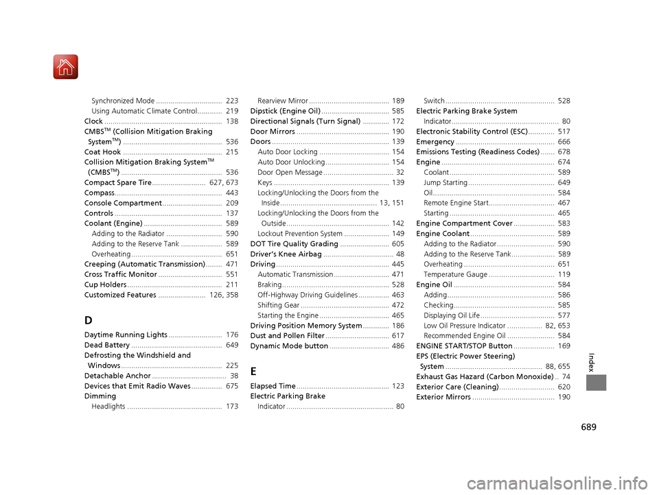 Acura MDX 2018  Owners Manual 689
Index
Synchronized Mode ................................  223
Using Automatic Climate Control............  219
Clock .........................................................  138
CMBS
TM (Collisi