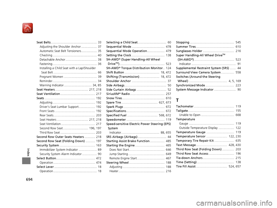 Acura MDX 2018  Owners Manual 694
Index
Seat Belts.....................................................  33
Adjusting the Shoulder Anchor ..................  37
Automatic Seat Belt Tensioners ..................  35
Checking ......