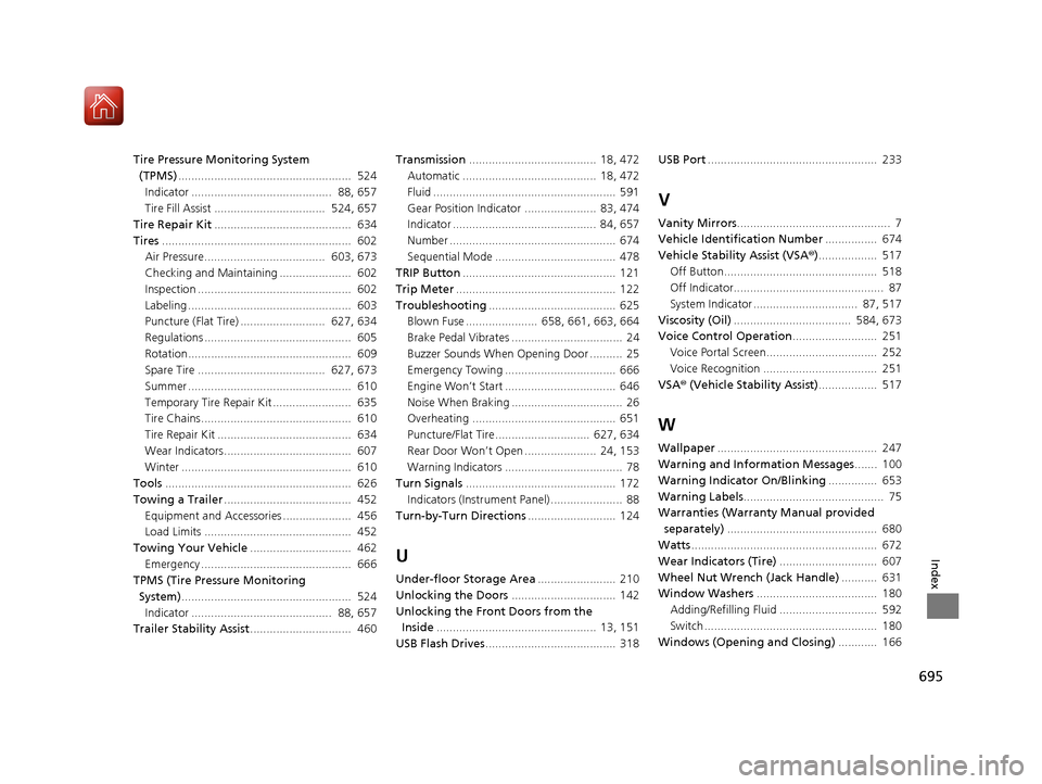 Acura MDX 2018  Owners Manual 695
Index
Tire Pressure Monitoring System (TPMS) .....................................................  524
Indicator ...........................................  88, 657
Tire Fill Assist ............