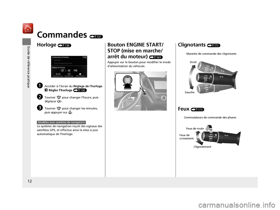 Acura MDX 2018  Manuel du propriétaire (in French) 12
Guide de référence pratique
Commandes (P137)
Horloge (P138)
aAccéder à l’écran du Réglage de l’horloge.
2Régler l’horloge (P138)
bTourner   pour changer l’heure, puis 
déplacer .
cT