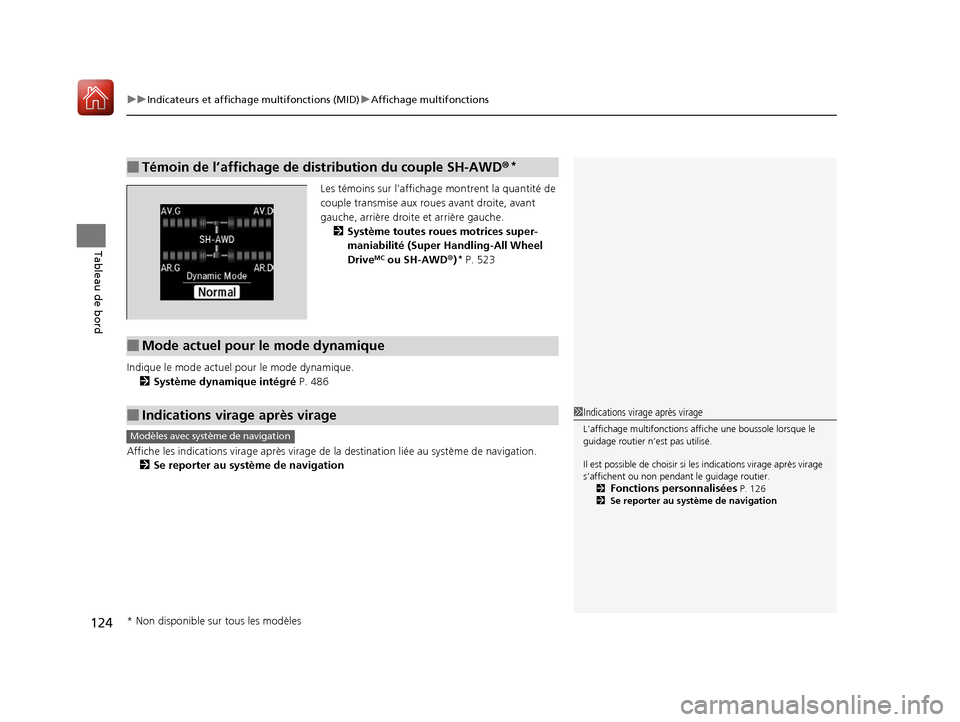 Acura MDX 2018 Manuel du propriétaire (in French) uuIndicateurs et affichage multifonctions (MID) uAffichage multifonctions
124
Tableau de bord
Les témoins sur l’affichage montrent la quantité de
couple transmise aux roues avant droite, avant
Acura MDX 2018 Manuel du propriétaire (in French) uuIndicateurs et affichage multifonctions (MID) uAffichage multifonctions
124
Tableau de bord
Les témoins sur l’affichage montrent la quantité de
couple transmise aux roues avant droite, avant