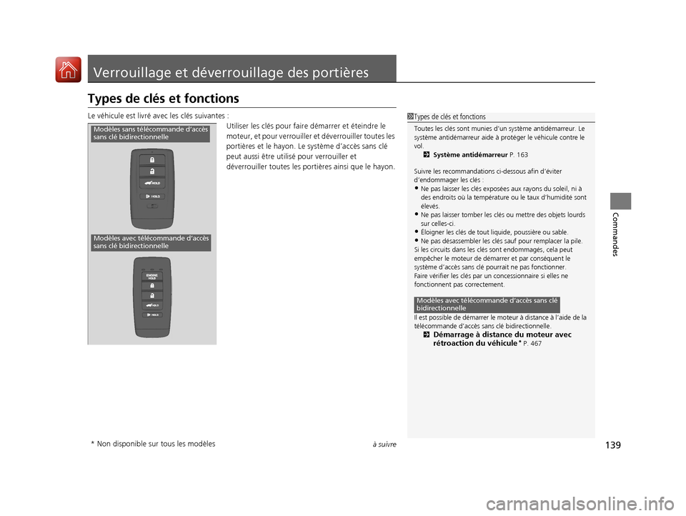 Acura MDX 2018  Manuel du propriétaire (in French) 139à suivre
Commandes
Verrouillage et déverrouillage des portières
Types de clés et fonctions
Le véhicule est livré avec les clés suivantes :
Utiliser les clés pour fair e démarrer et éteind
