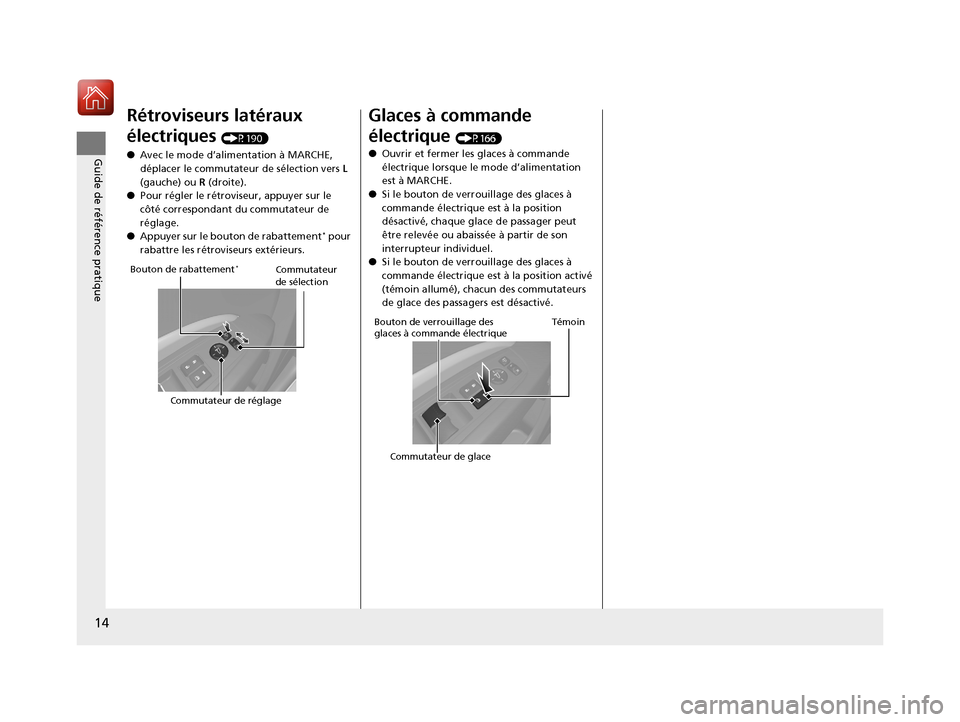 Acura MDX 2018  Manuel du propriétaire (in French) 14
Guide de référence pratique
Rétroviseurs latéraux 
électriques 
(P190)
● Avec le mode d’alimentation à MARCHE, 
déplacer le commutateur de sélection vers  L 
(gauche) ou  R (droite).
�